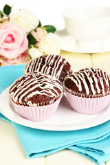 Sweet chocolate cupcakes close up