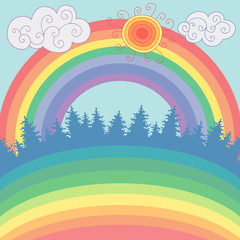 Beautiful landscape with forest, rainbow, sun in cartoon style