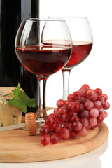 Wine, tasty blue cheese and grape, isolated on white