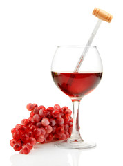 Glass of wine with thermometer and grape, isolated on white