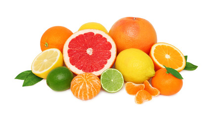 Fototapeta na wymiar Pile from different citrus fruits on white background