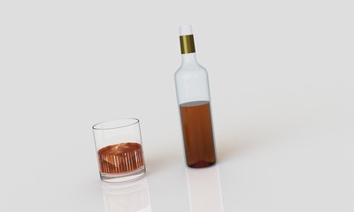 a bottle of whiskey with glass and ice