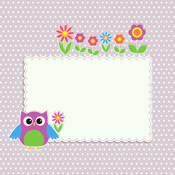 Frame with cute owl and flowers