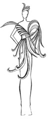creation of evening dress with feathers