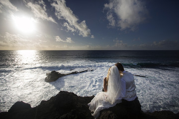 The bride and groom are sitting and looking at the ocean.