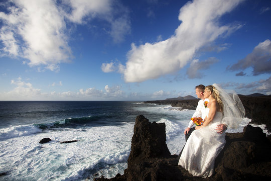 The bride and groom are sitting and looking at the ocean.