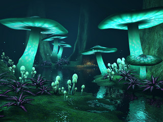 Ciemny las ze świecącymi grzybami