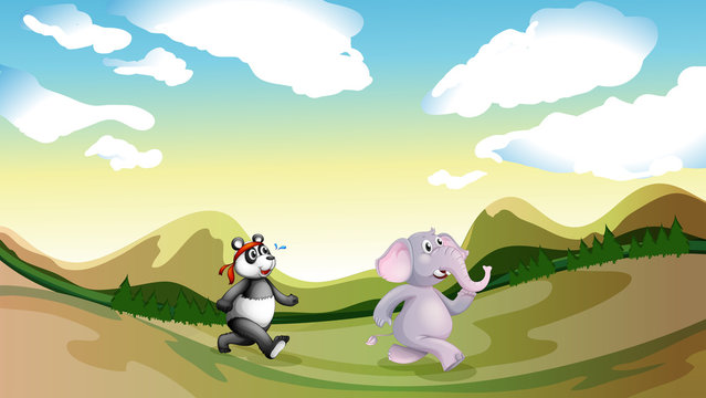A panda and an elephant walking along the mountains
