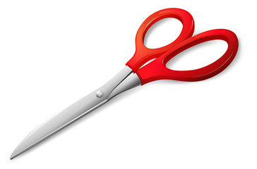 A scissor with a red handle