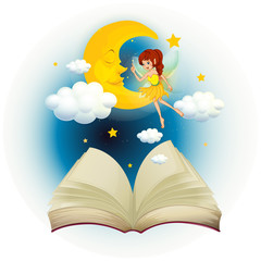 A book with an image of a fairy and a sleeping moon