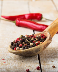 Mixed pepper in old spoon  on wooden background