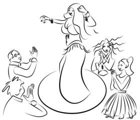 belly dancer performing , audiences clapping, vector
