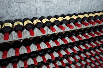 Wine bottles on a wooden shelf.