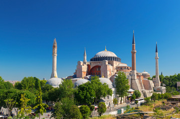 Hagia Sophia in Istanbul, Turkey. Scenic view of famous mosque, former Byzantine cathedral.