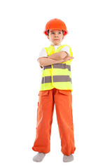 Portrait of boy in orange helmet, isolation