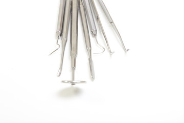 Set of metal medical equipment tools for teeth dental care