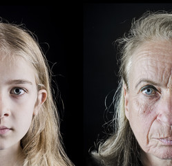Fototapeta premium Old woman and young girl face closeup