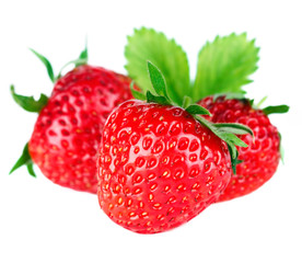 Beautiful ripe red strawberries with leaves.