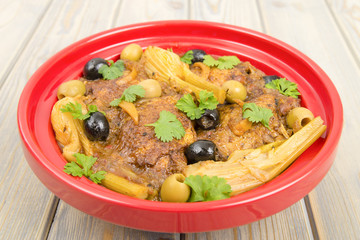 Moroccan chicken tagine with olives, preserved lemon and fennel.