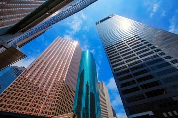 Foto op Aluminium Houston downtown skyscrapers disctict blue sky mirror © lunamarina