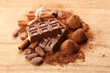 Composition of chocolate sweets, cocoa and  spices