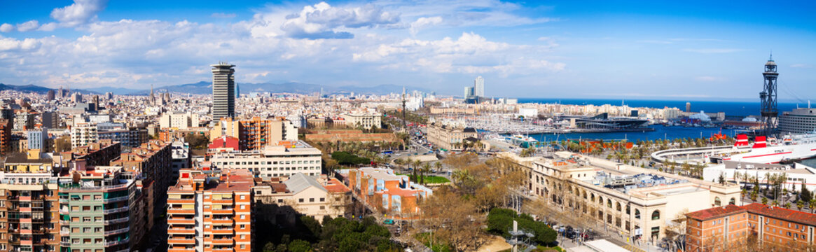 panoramic view of seaside part of Barcelona from Montjuic
