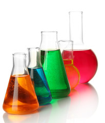 Test tubes with colorful liquids isolated on white