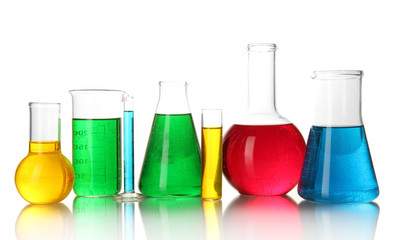 Test tubes with colorful liquids isolated on white