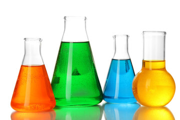 Test tubes with colorful liquids isolated on white