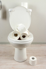White toilet bowl with toilet paper in a bathroom
