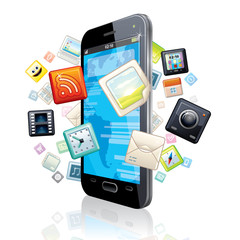 Touchscreen Smart Phone with Cloud of Application Icons.
