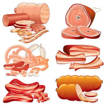 Meat and Sausages Icon Set. Detailed Illustration