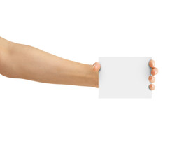hand holding paper card isolated on a white