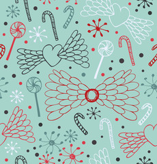 Background with hearts, sugarplums and snowflakes