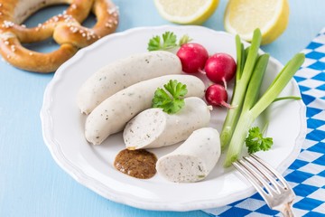 Munich white sausages with sweet mustard and pretzel