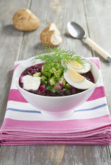 Beetroot soup with nettle, cucumber and potatoes