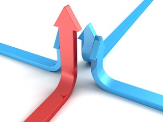 blue team group of arrows rising with success red leader