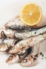 Grilled sardine fish with lemon and herbs