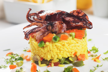 Fried squid and risotto