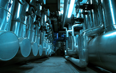 Industrial zone, Steel pipelines and cables in blue tones