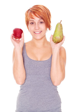 Young Woman Showing Apple And Pear