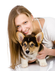 dog and girl. looking at camera. isolated on white background