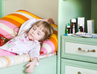 sick girl lying on a bed