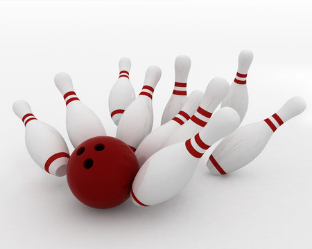 bowling ball crashing into the pins on white background