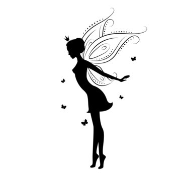 Silhouette of a fairy and butterfly.