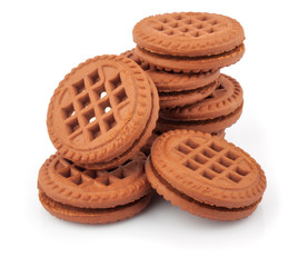 Pile of chocolate sandwich cookies with creme filing, food