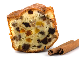 Panettone fruit cake pieces isolated on white background