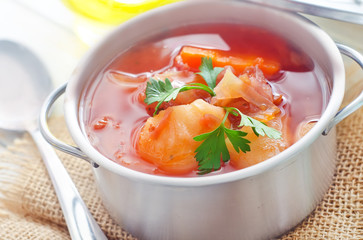 Delicious veal stew soup with meat and vegetables