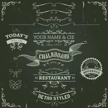 Hand Drawn Banners And Ribbons On Chalkboard