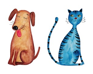 dog and cat. Watercolors on paper - 52938112